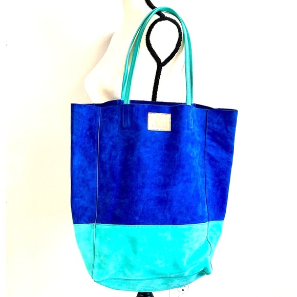SSEKO DESIGNS Cobalt & Turquoise Blue NWT Genuine Suede Bucket Shoulder Bag Tote - Picture 2 of 11